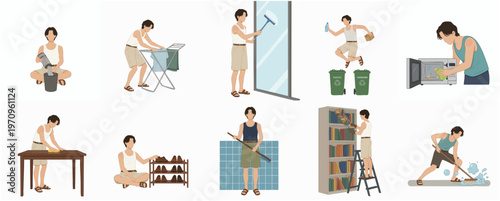 Flat Design Man Doing Various Housework and Cleaning Activity Illustration