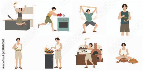 Flat Design Man Character Cooking with Various Poses Lifestyle Illustration