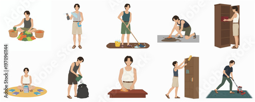 Flat Illustration Set of Person Doing Various Household Chores and Activities