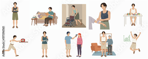 Flat Illustration Diverse Man Showing Support and Care Actions Characters Set