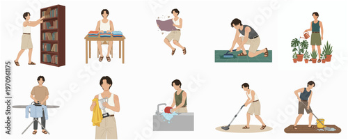 Flat Style Depicting Man Doing Daily Routine And Various Household Chores Illustration