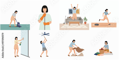 Minimalist Flat Illustration of a Woman Doing Various Cleaning Activities