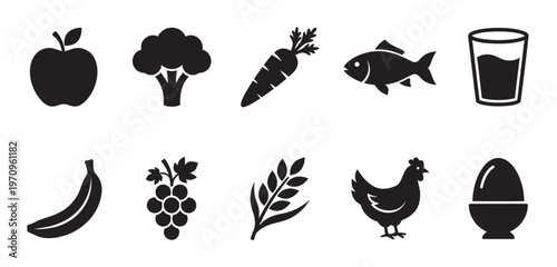 Collection of black silhouette icons representing healthy food items like fruits vegetables protein and drink on white background.