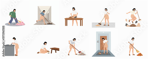 Flat Illustration Set Woman Cleaning Dust House Floor with Broom