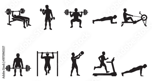 A collection of black silhouettes depicts various gym exercises including weightlifting, cardio, and bodyweight training, representing a healthy lifestyle.