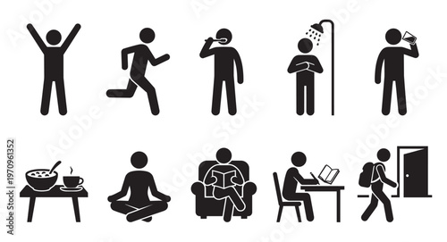 Collection of black silhouette stick figures illustrating various daily life activities like waking up, running, showering, eating, and working on a white background.