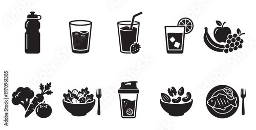 A collection of black and white silhouette icons representing various healthy food and drink options for fitness and nutrition.