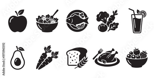 A set of clean black and white vector icons representing a balanced diet, including fruits, vegetables, fish, poultry, bread, and drinks.