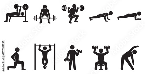 Set of black silhouette icons depicting various strength training and cardio exercises for a healthy lifestyle and fitness.