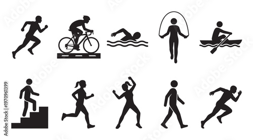 A collection of black silhouette icons depicting various sports and fitness activities, including running, cycling, swimming, rowing, and jumping rope, suitable for health and wellness themes.