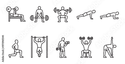 A collection of simple black and white line art icons depicting various fitness exercises and weightlifting, useful for health and fitness concepts.