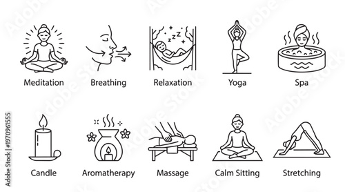 A collection of simple line art icons illustrating wellness activities such as meditation, breathing exercises, relaxation, yoga, spa, candle, aromatherapy, massage, and stretching.