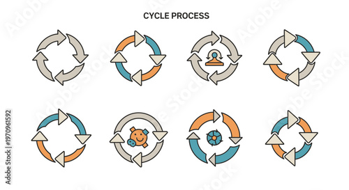 Cycle Process Infographics Set: Circular Arrow Diagrams for Workflow and Development