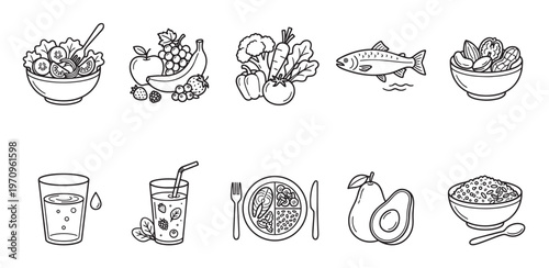 A collection of hand-drawn line art icons representing various healthy food options including fruits, vegetables, fish, nuts, drinks, and meals, ideal for dietary and lifestyle concepts.