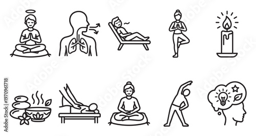 A set of minimalist black line icons depicts various wellness activities including meditation, breathing, relaxation, yoga, massage, and ideas, representing a healthy lifestyle.