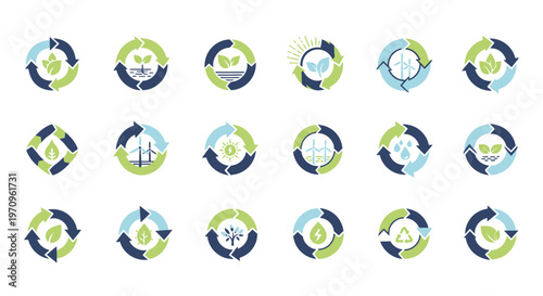 Eco-friendly icons set: nature, renewable energy, and recycling symbols in circular design