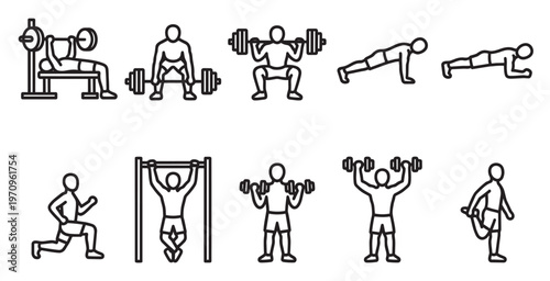 Collection of simple line art icons representing various strength training exercises and bodyweight movements for a gym or fitness context.