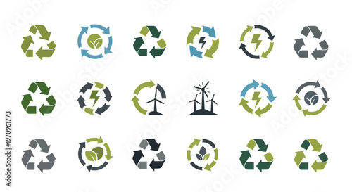 Eco-friendly Recycling and Renewable Energy Icons Set - Sustainable Environment Symbols