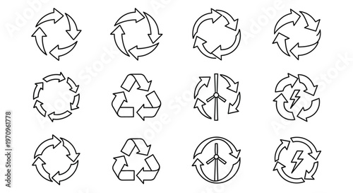 Eco-Friendly Recycling and Renewable Energy Line Art Icons Set