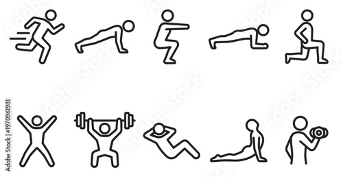 A collection of minimalist black line icons depict various human fitness activities, including running, push-ups, squats, weightlifting, and stretching against a white background.