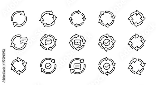 Grunge Refresh Recycle Loop Process Arrow Icons Set with Communication and Checkmark Symbols