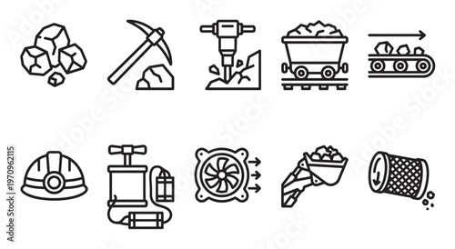 This collection of black line art icons represents various aspects of the mining industry, including resources, tools, and equipment, suitable for presentations and infographics.