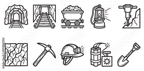A collection of simple black and white icons depicting tools and equipment used in mining, including a mine entrance, tracks, a cart, lantern, drill, rock, pickaxe, helmet, dynamite, and shovel.