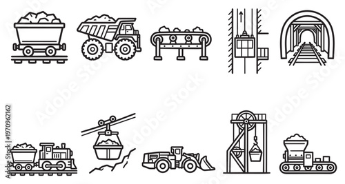 A collection of simple line art icons depicts various equipment and processes used in the mining industry, suitable for infographics and presentations.