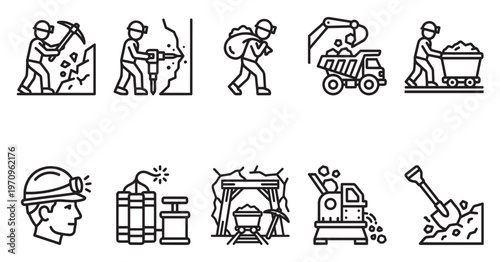 A collection of stylized line art icons depicting various mining operations, including digging, drilling, hauling, and extraction processes, suitable for industrial or informational graphics.