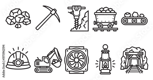 Collection of outline icons representing mining tools and industry elements like pickaxe, drill, hard hat, and mine entrance for informational graphics.