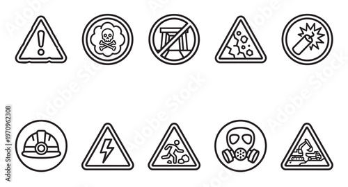 A collection of line art warning and hazard safety icons presented on a white background, representing various dangers for informational purposes.