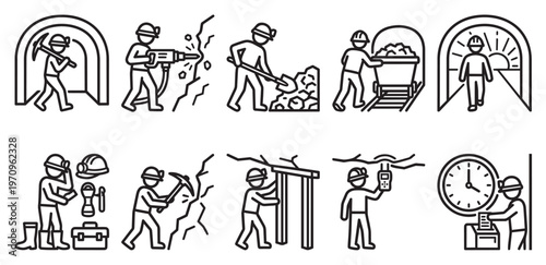 A collection of simple line art icons depicting coal miners performing various tasks, from digging and drilling to transporting and clocking out.