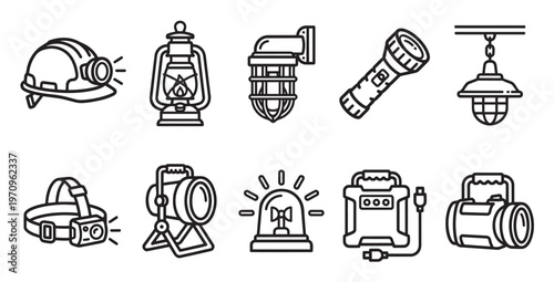 Collection of eight black and white line art icons representing various lighting equipment, including a hard hat with a lamp, a lantern, and flashlights.