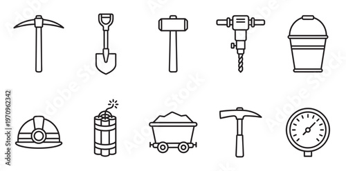 A collection of black and white line art icons depicting various mining tools and equipment, presented on a clean white background.