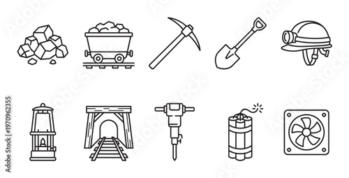 Collection of black line art icons representing mining tools, equipment, and industry elements on a white background.