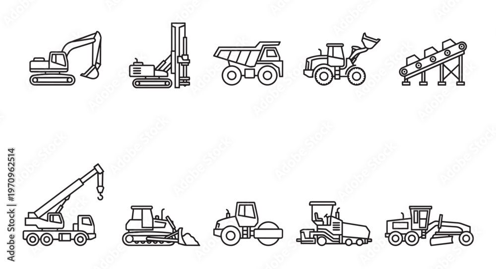 Fototapeta premium A clean line art collection of ten distinct construction vehicles and equipment, depicted in black outline on a white background.