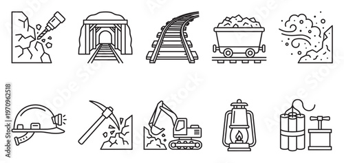 A collection of line art icons representing various aspects of the mining industry, including tools, equipment, and resources.