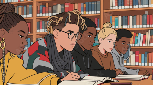 Students study in a library during the day while focused on their books and assignments