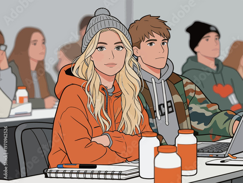 Group of students attending a class and listening to a lecture in a classroom setting