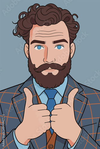 Man gives thumbs up with curly hair and beard while wearing a suit during a presentation