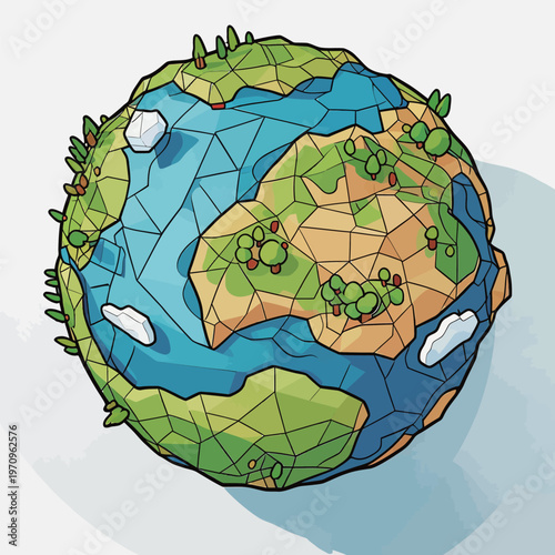 Colorful globe showing land, water, trees, and clouds in a cartoon style with a focus on ocean and continents