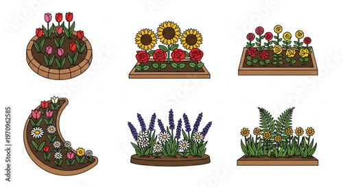 Colorful flower arrangements in wooden planters on white background for decoration and gardening inspiration