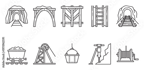 Collection of stylized line art icons depicting various mining equipment and scenes, including mine entrances, carts, winches, and drills.