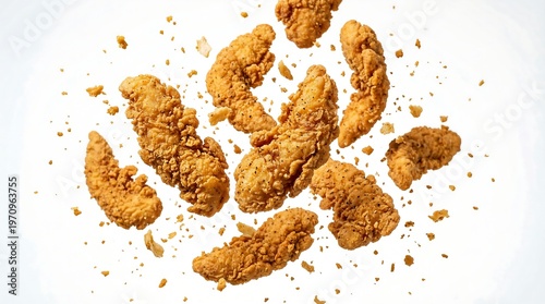 A plate of crispy fried chicken strips on a white background