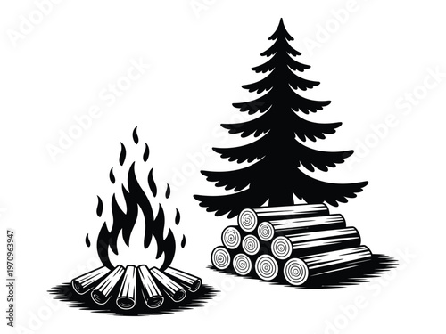 A black and white illustration of a campfire in the woods