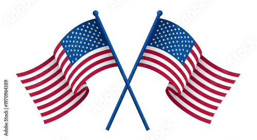 Two american flags waving on crossed blue poles isolated on transparent background