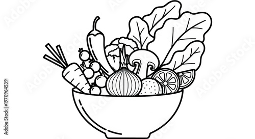 A bowl filled with various vegetables and fruits in a line drawing style on transparent background