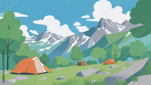 Campers set up tents in a valley surrounded by mountains on a sunny day under bright blue skies