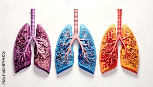 A medical illustration presents three pairs of human lungs, each rendered in a different color scheme, showing the respiratory system