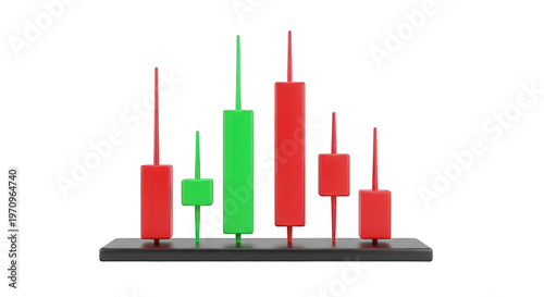 A colorful 3d rendering of a stock market candlestick chart on a black base isolated on transparent background